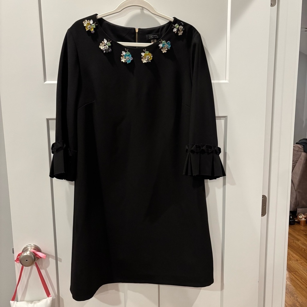 Tahari Black Dress with Beaded Flowers